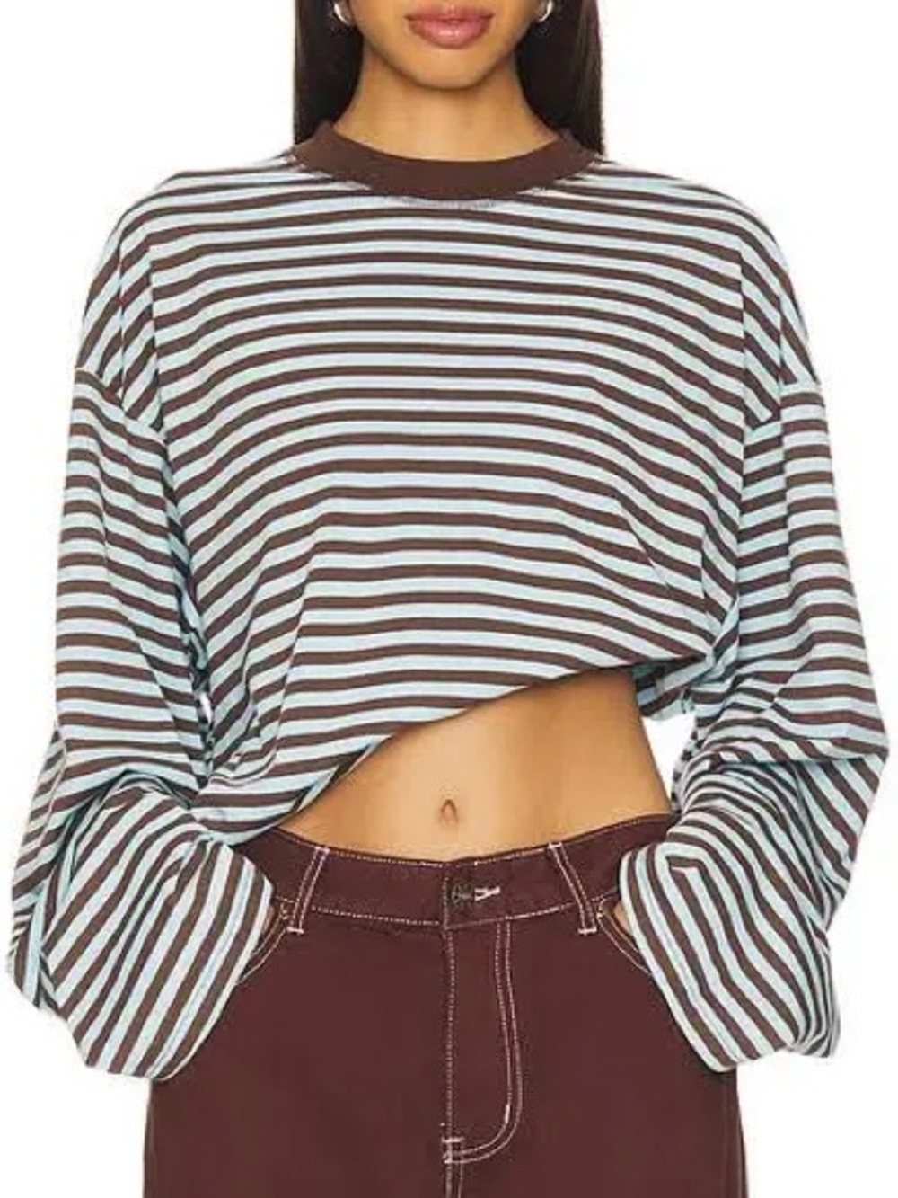 Lioness Long-Sleeve Striped Tee in Brown and Light Blue